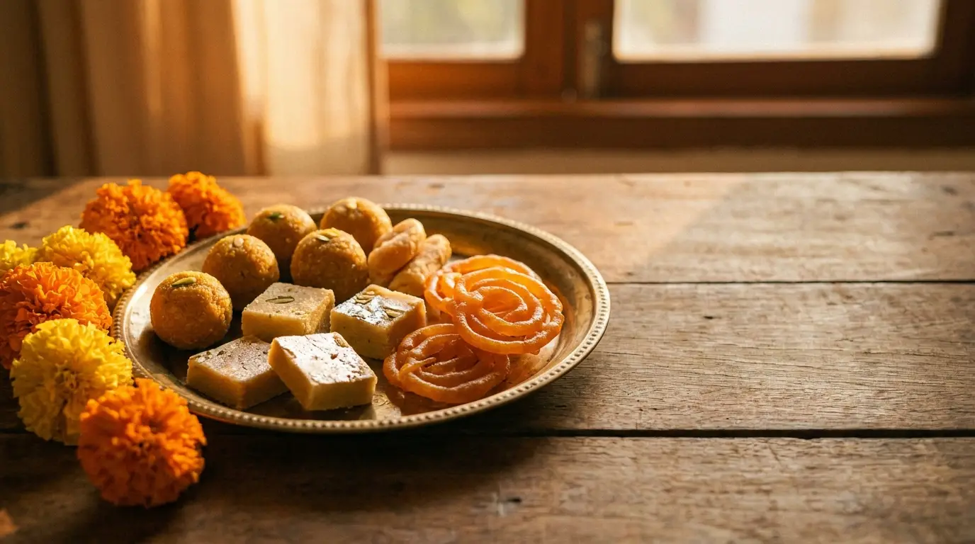 Assorted Indian sweets on a brass plate with marigold flowers on wooden table in warm light