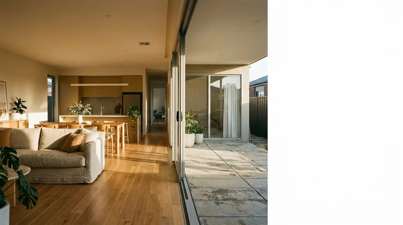 Modern open-plan living room with beige sofa, wooden dining table, and large sliding glass doors