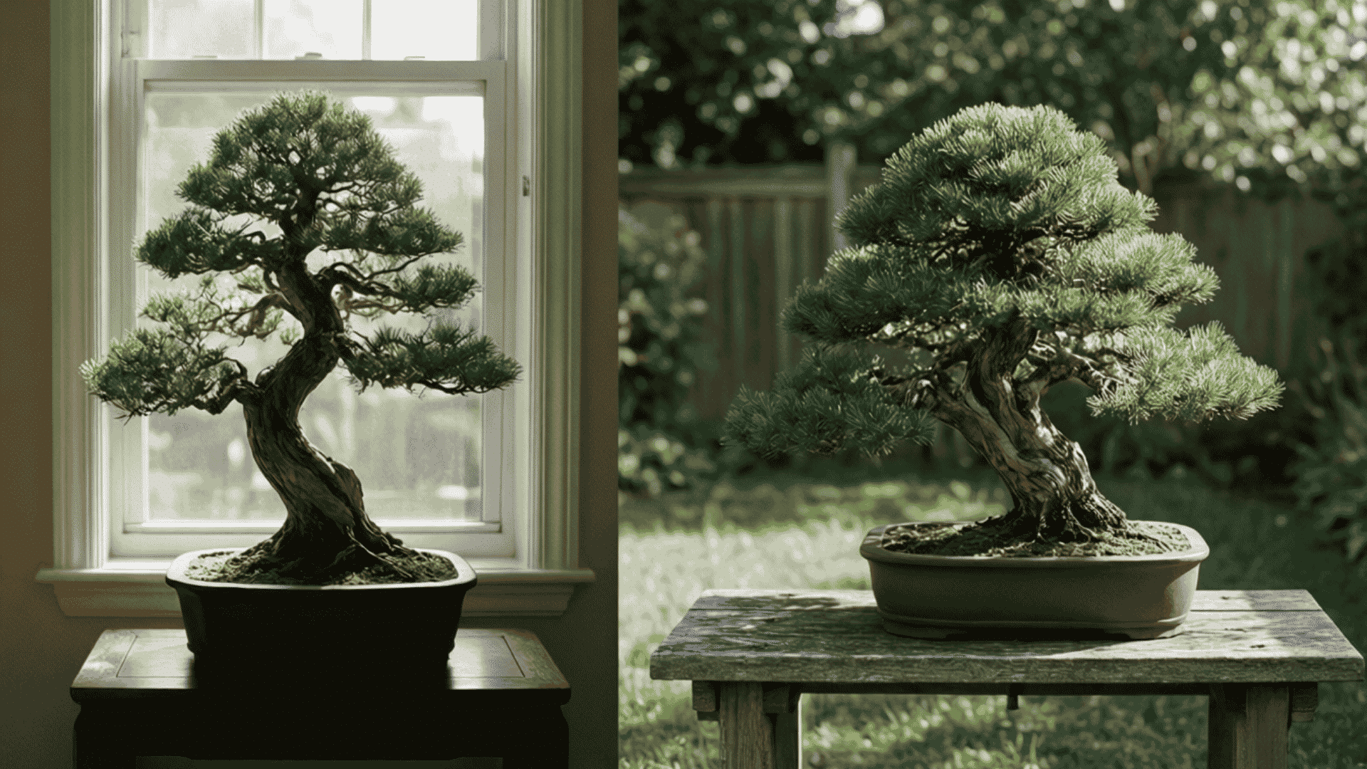 indoor bonsai near a bright window and outdoor bonsai on a sunny patio