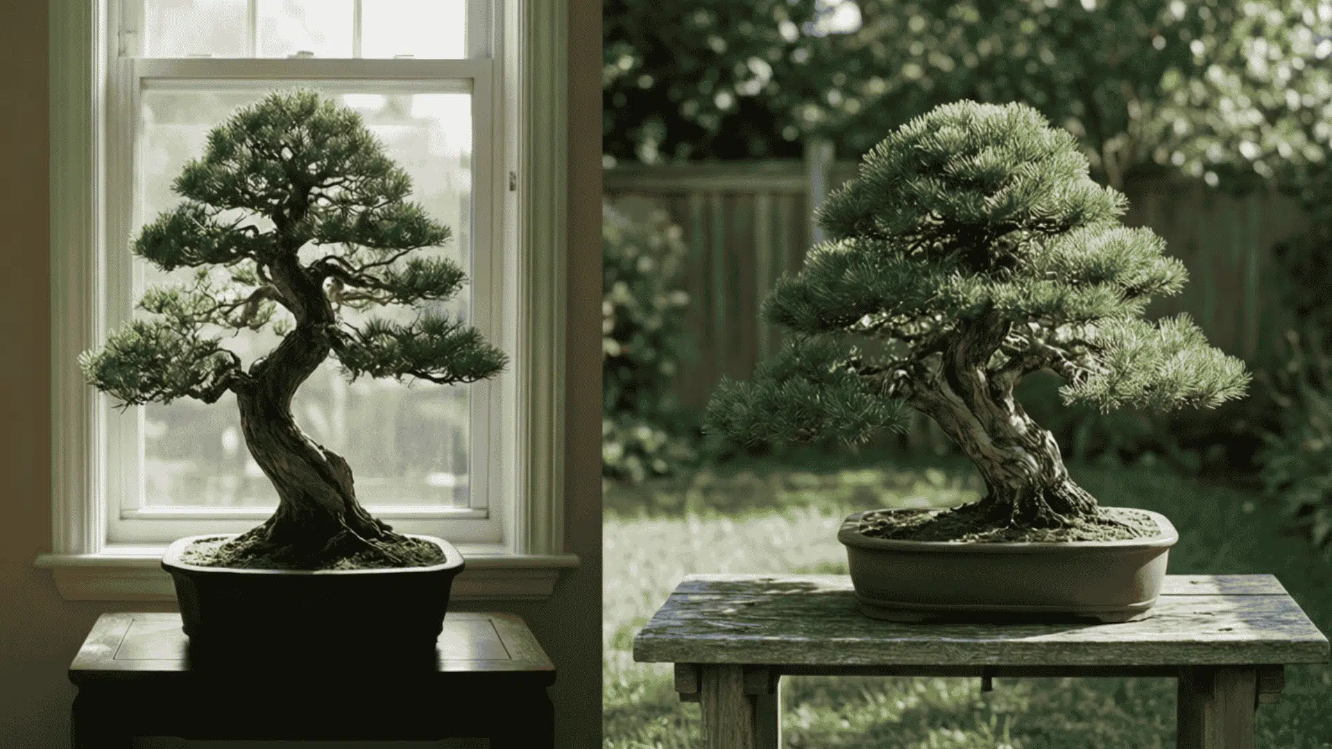 indoor bonsai near a bright window and outdoor bonsai on a sunny patio