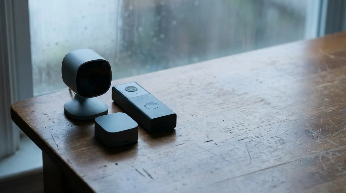 Smart home security devices on wooden table near window in soft natural light