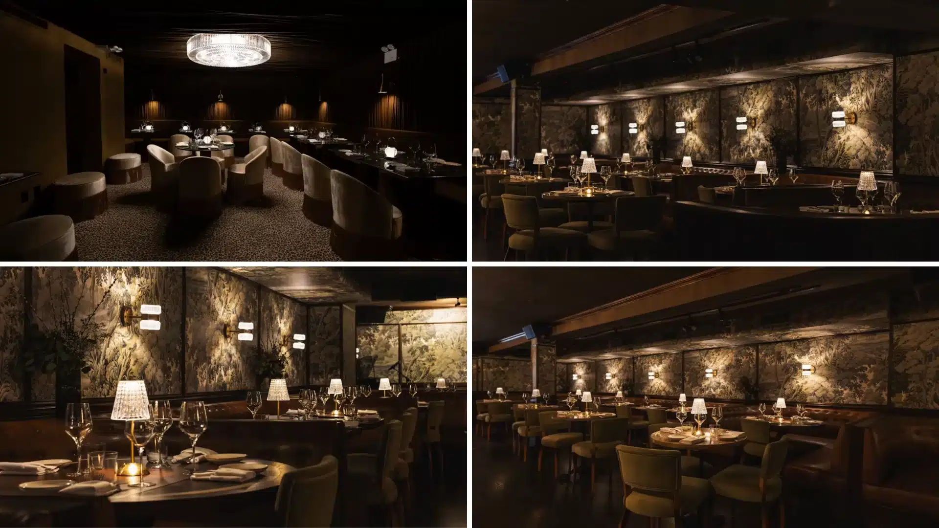 collage of chelsea living room interiors showing cheetah-print lounge, candlelit tables, and dining room seating