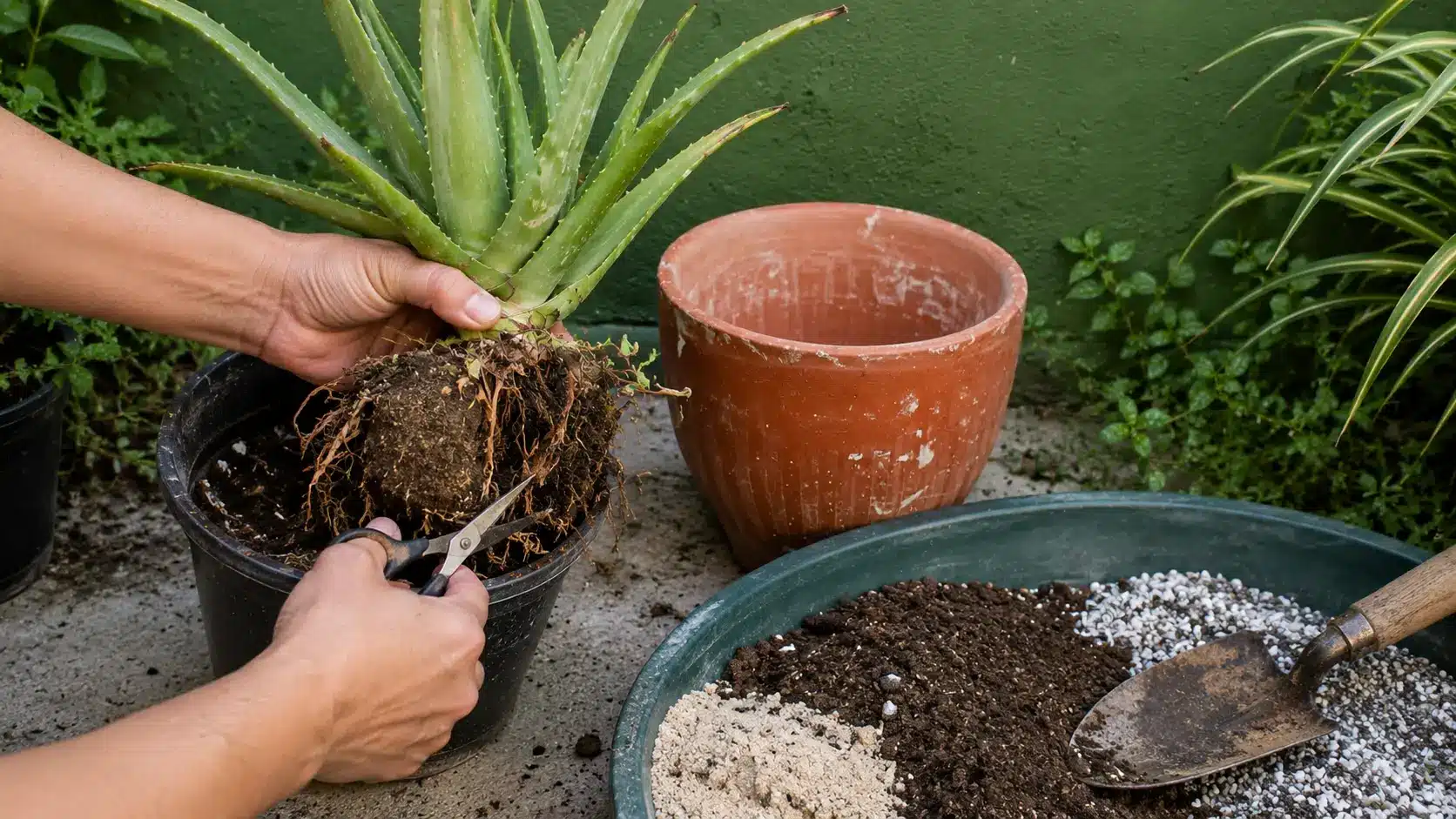 hands inspecting and trimming aloe vera roots beside a terracotta pot and fast draining soil mix