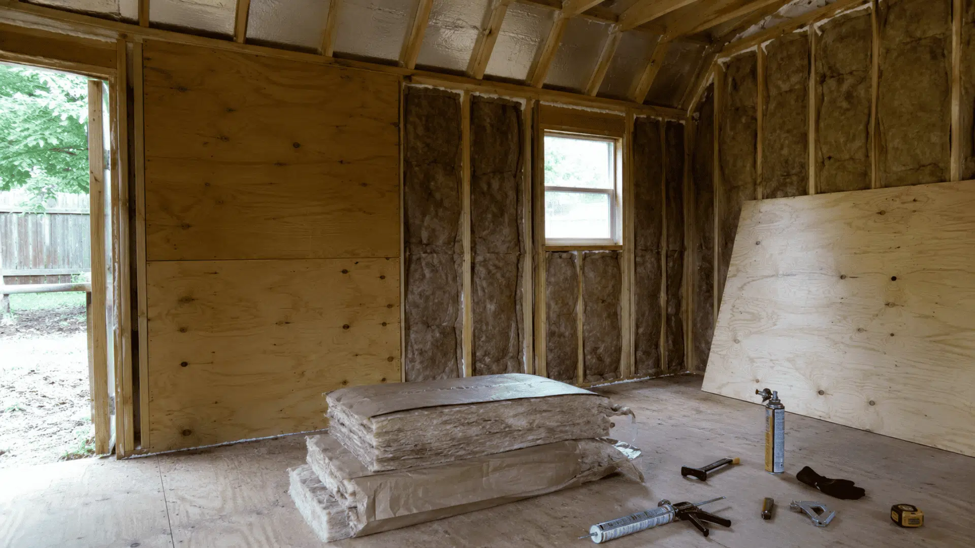 unfinished wood shed with wall insulation roof baffles plywood panels and diy tools on the floor