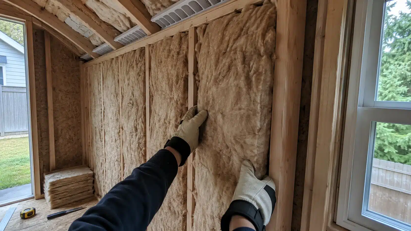 fitting fiberglass insulation between shed wall studs without compressing the material