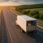 White delivery truck on open highway with sunset, driver surrounded by cardboard boxes
