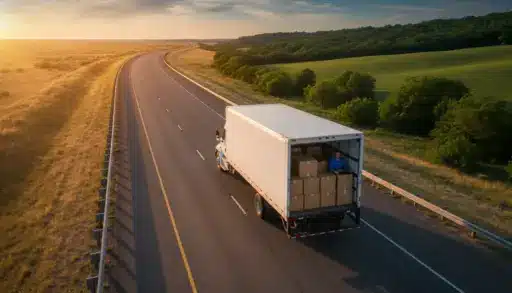 White delivery truck on open highway with sunset, driver surrounded by cardboard boxes