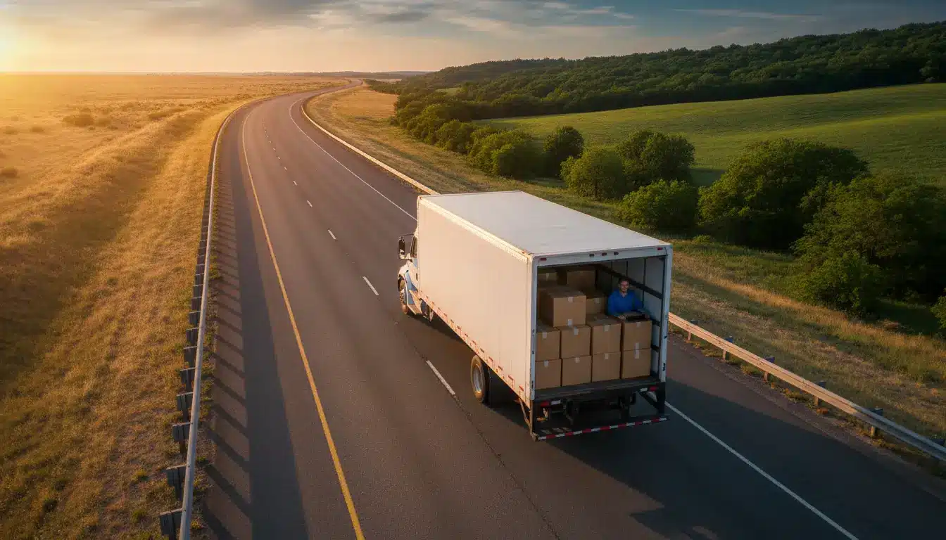 White delivery truck on open highway with sunset, driver surrounded by cardboard boxes