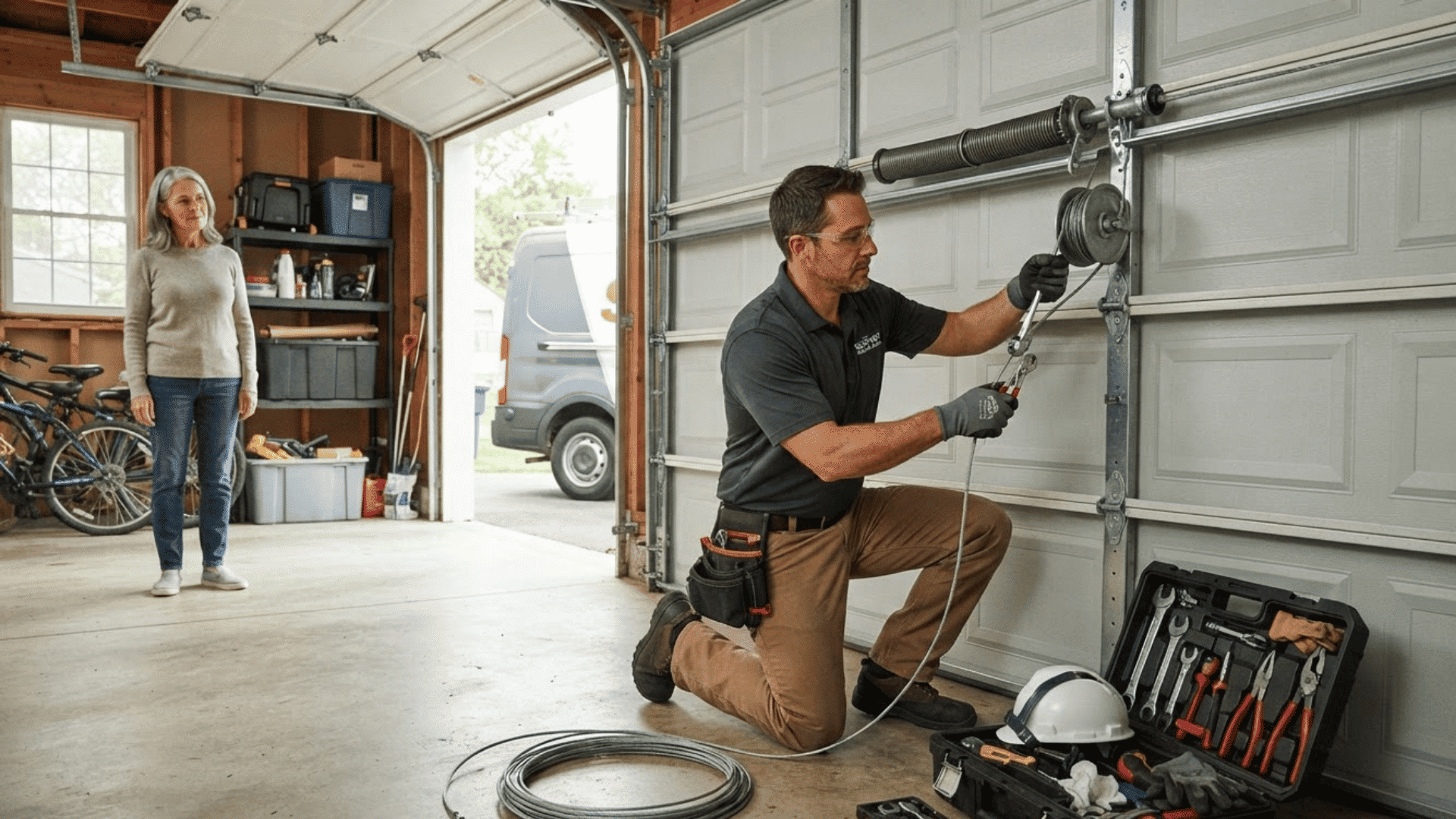 garage door repair technician replacing torsion cable with homeowner watching nearby