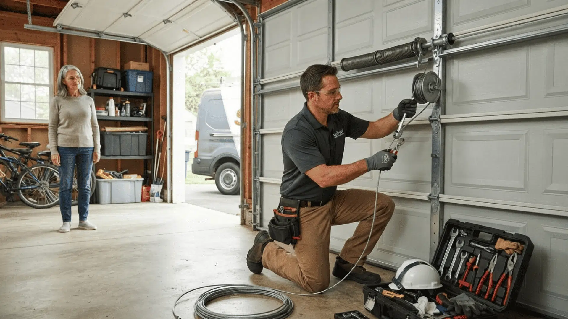 garage door repair technician replacing torsion cable with homeowner watching nearby