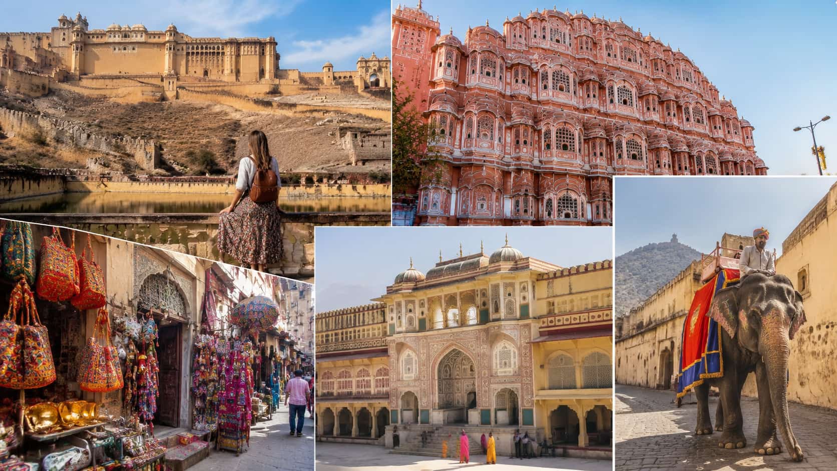 jaipur travel collage showing amber fort, hawa mahal, local bazaars and rajasthani architecture scenes