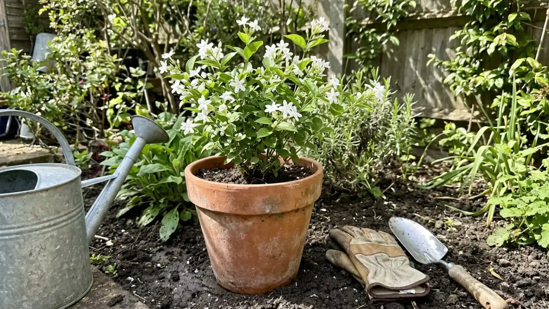a potted jasmine plant in a bloom with a watering can, gloves, and trowel beside it in a garden