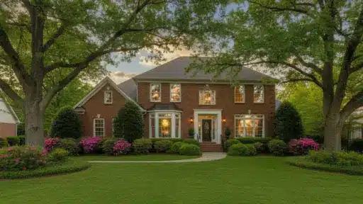 Brick colonial house with large windows and manicured lawn surrounded by tall trees and blooming bushes