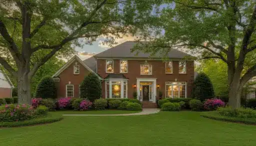 Brick colonial house with large windows and manicured lawn surrounded by tall trees and blooming bushes