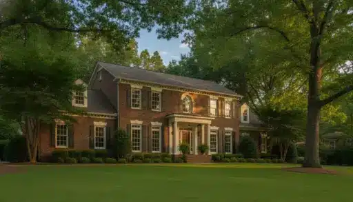 Brick colonial house with white columns and lush green lawn surrounded by tall trees