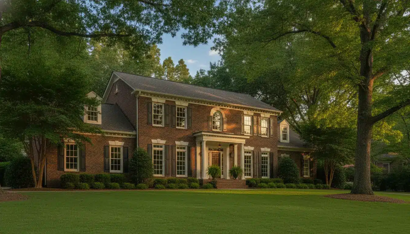 Brick colonial house with white columns and lush green lawn surrounded by tall trees