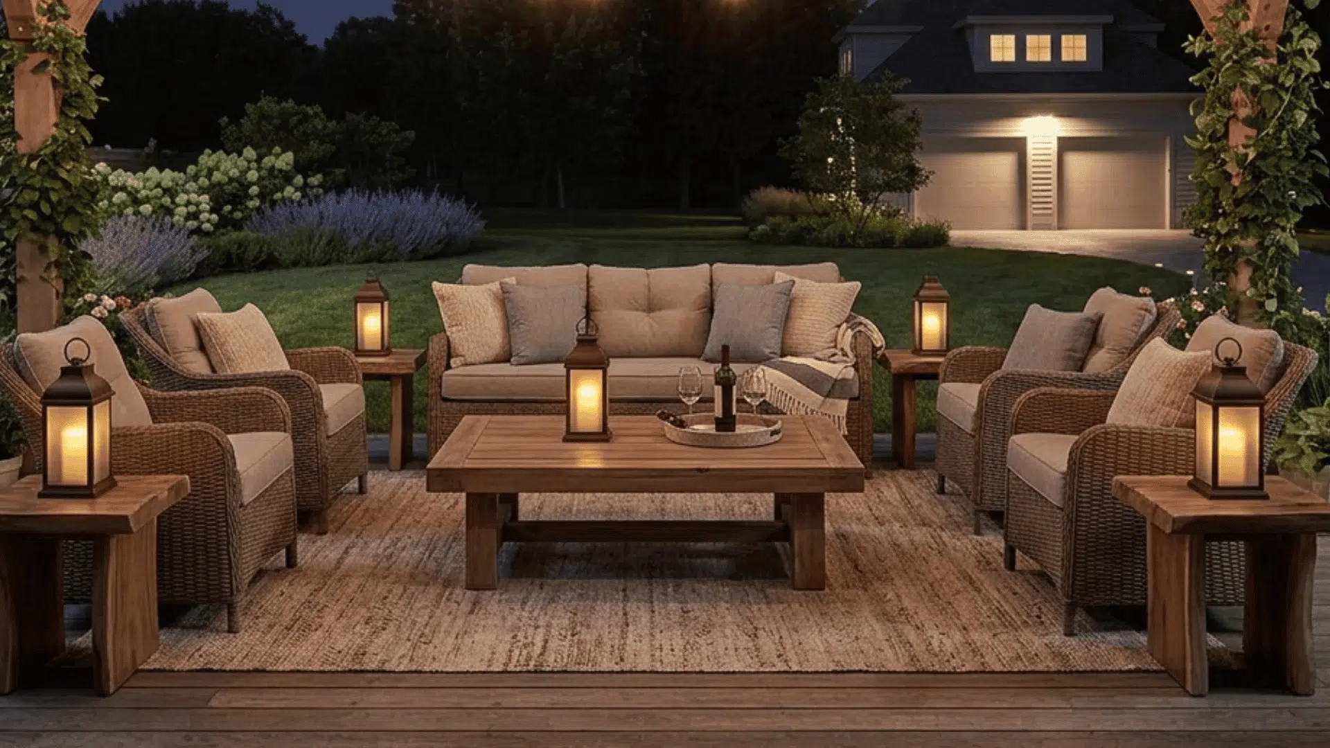 portable garden lanterns glowing softly on tables around an inviting backyard seating area