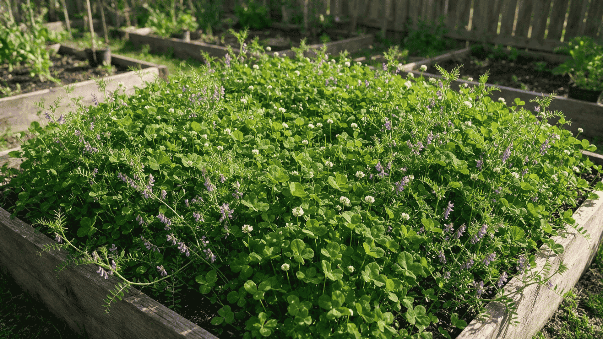 clover and hairy vetch growing as legume cover crops in a garden bed