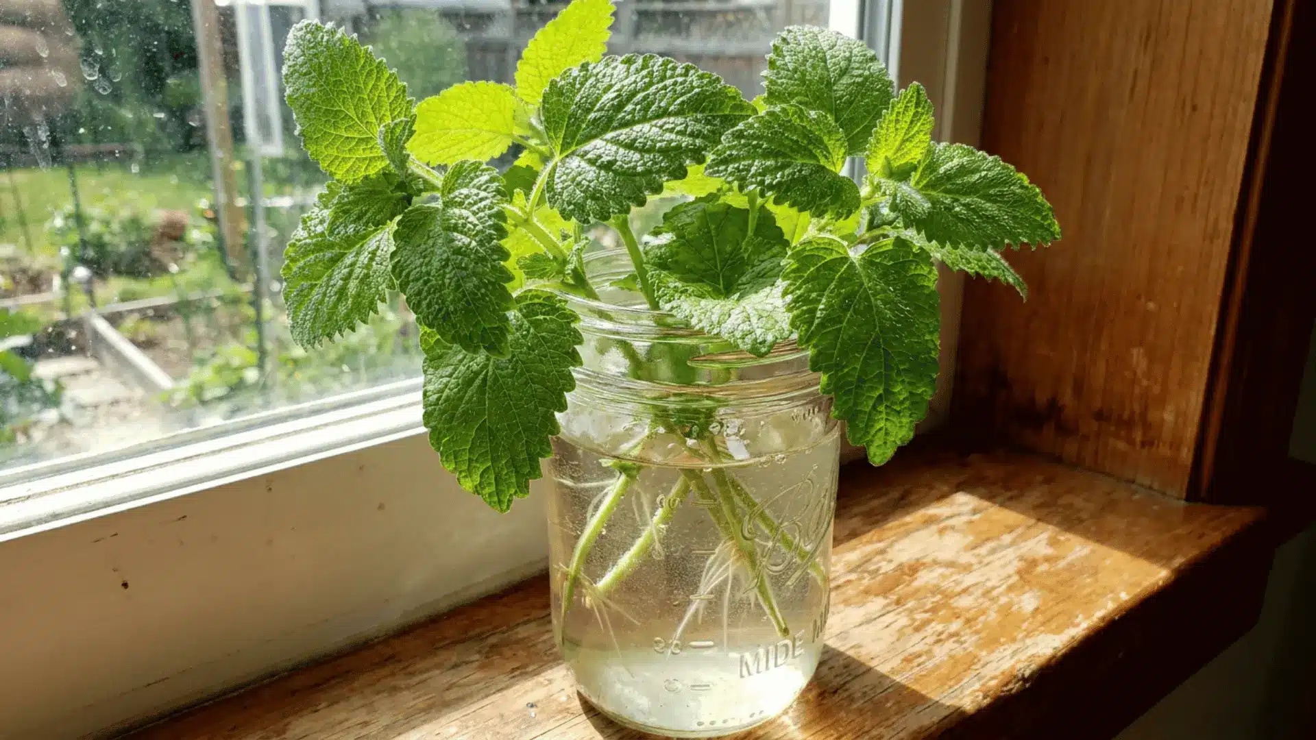 lemon balm cuttings with textured green leaves and fine white roots growing in a glass jar on a sunny wooden windowsill