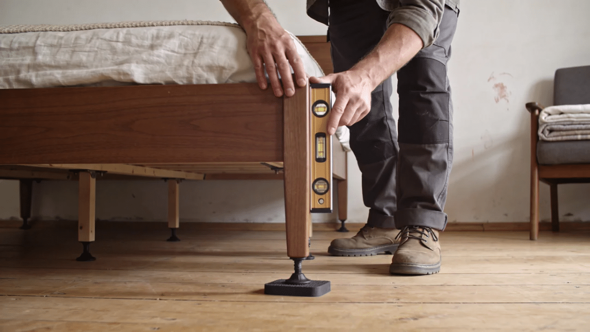 spirit level rests on a wooden bed rail while a slim rubber shim steadies the uneven support leg