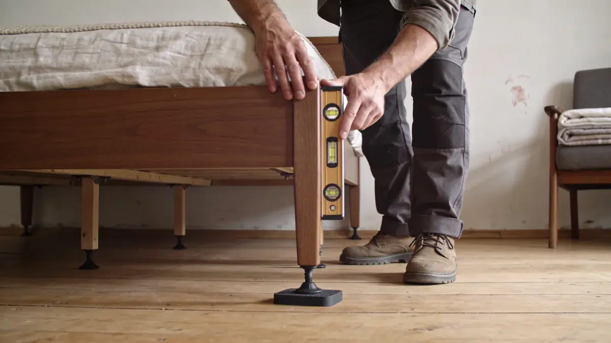 spirit level rests on a wooden bed rail while a slim rubber shim steadies the uneven support leg