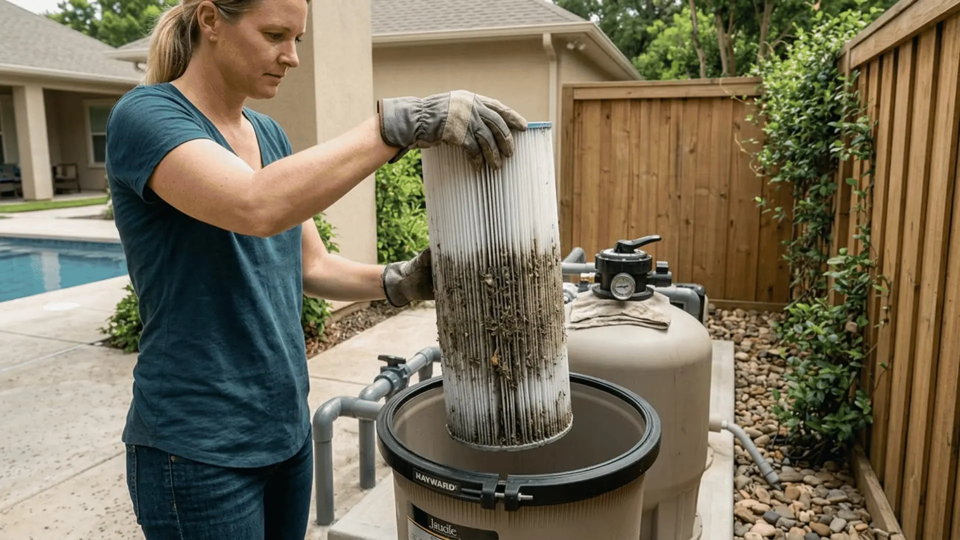 a woman lifts a heavily soiled cylindrical cartridge from an open pool filter housing beside the pump