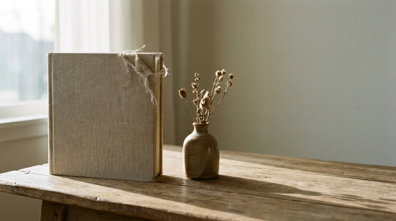 Book with textured cover and small ceramic vase on wooden table in soft natural light