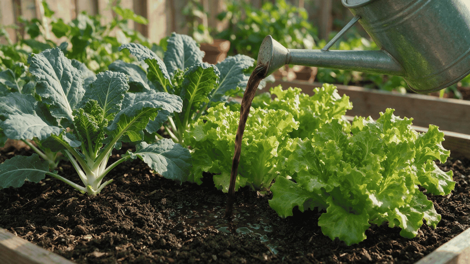 diluted liquid fertilizer being applied around the root zone of growing vegetable plants