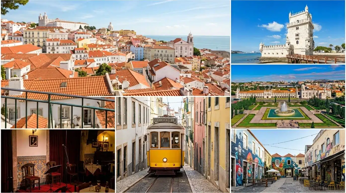 lisbon collage featuring a panorama of the city, the belem tower, a fado singer, and tram 28.
