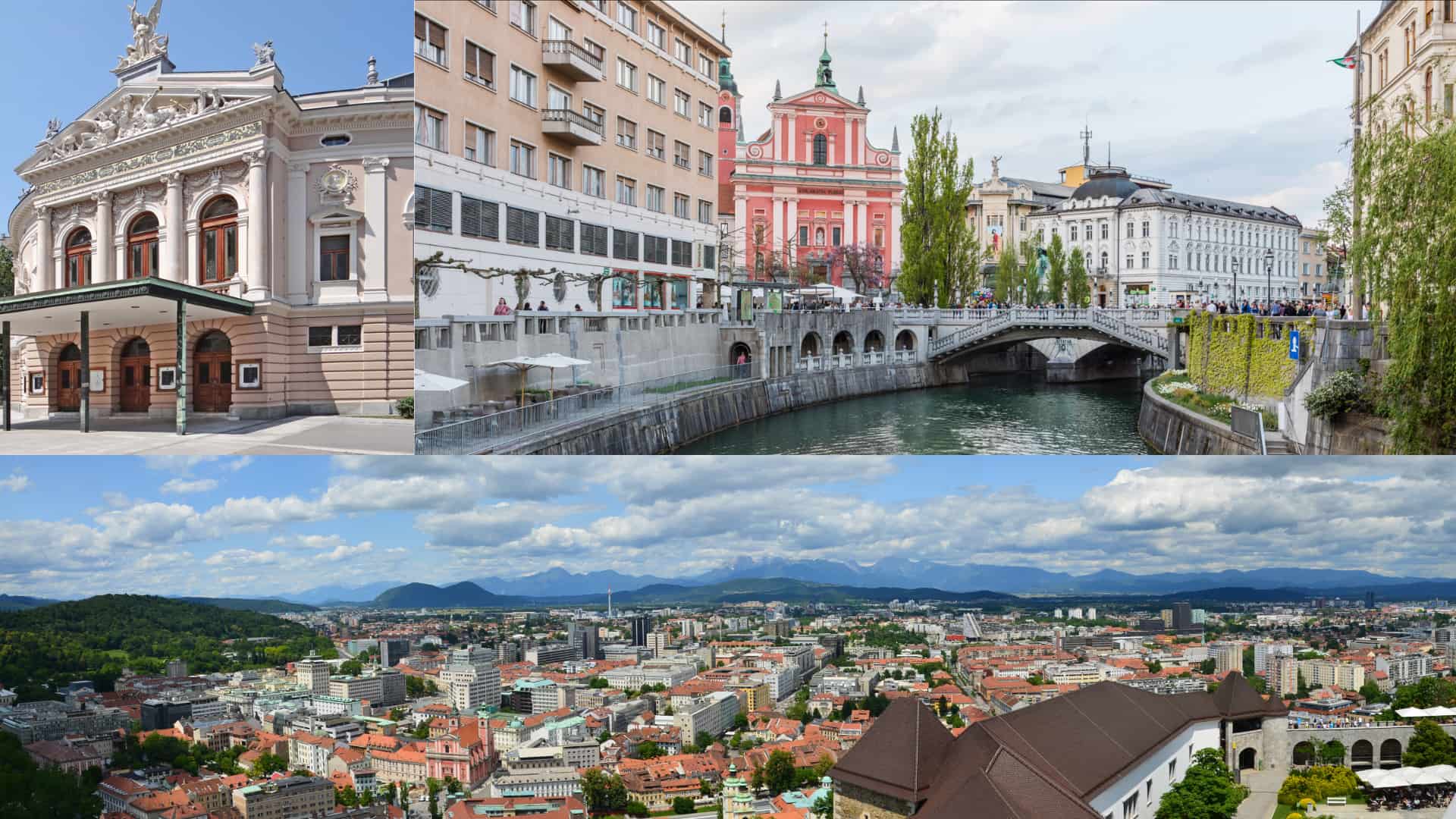ljubljana slovenia collage showing city skyline, riverside bridge, historic buildings and views