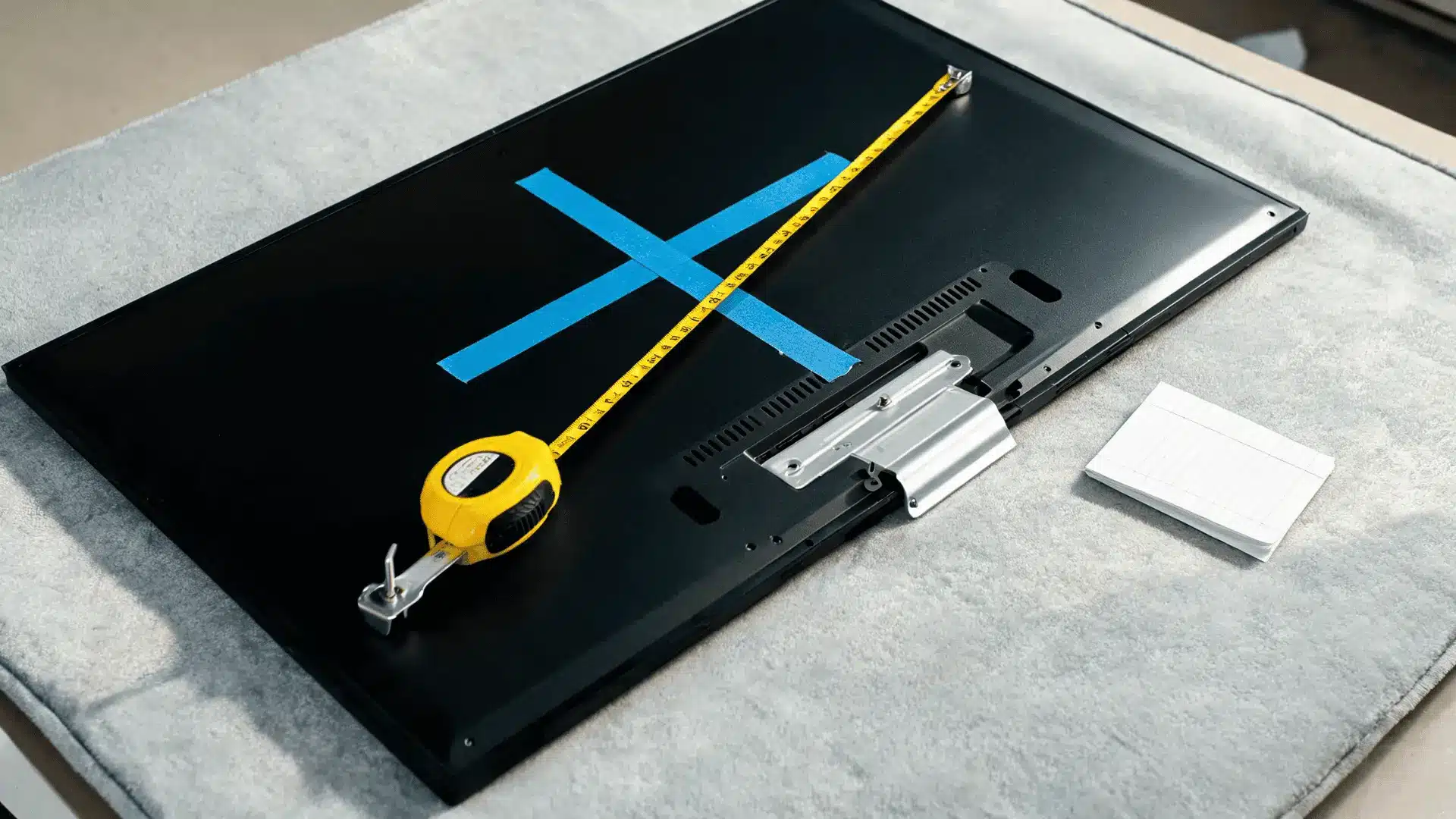 tape measure checking television width and bracket position