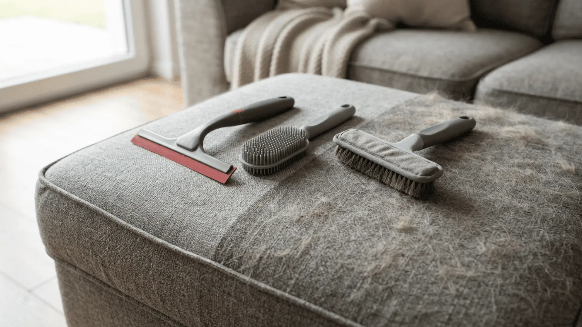 pet hair removal tools and brushes lie beside loose fur spread across a gray upholstered ottoman in a living room