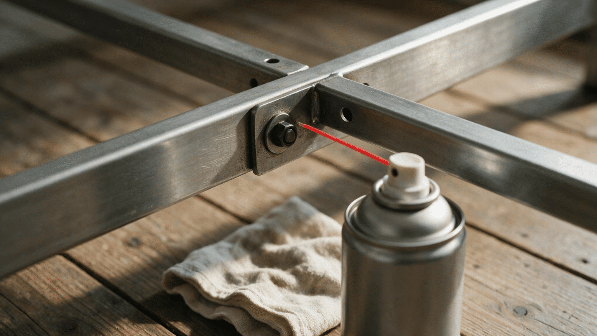 silicone lubricant applied to a metal bed frame joint with a cloth ready to wipe the excess