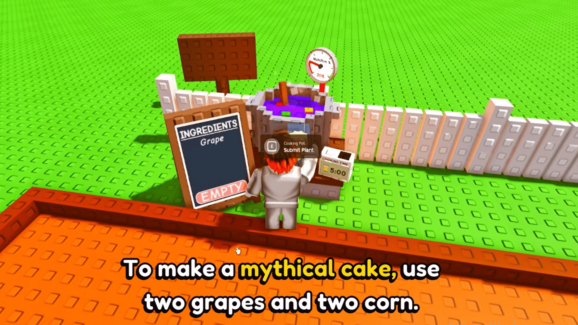 roblox player adds grapes to a cooking pot for a mythical cake recipe in grow a garden map