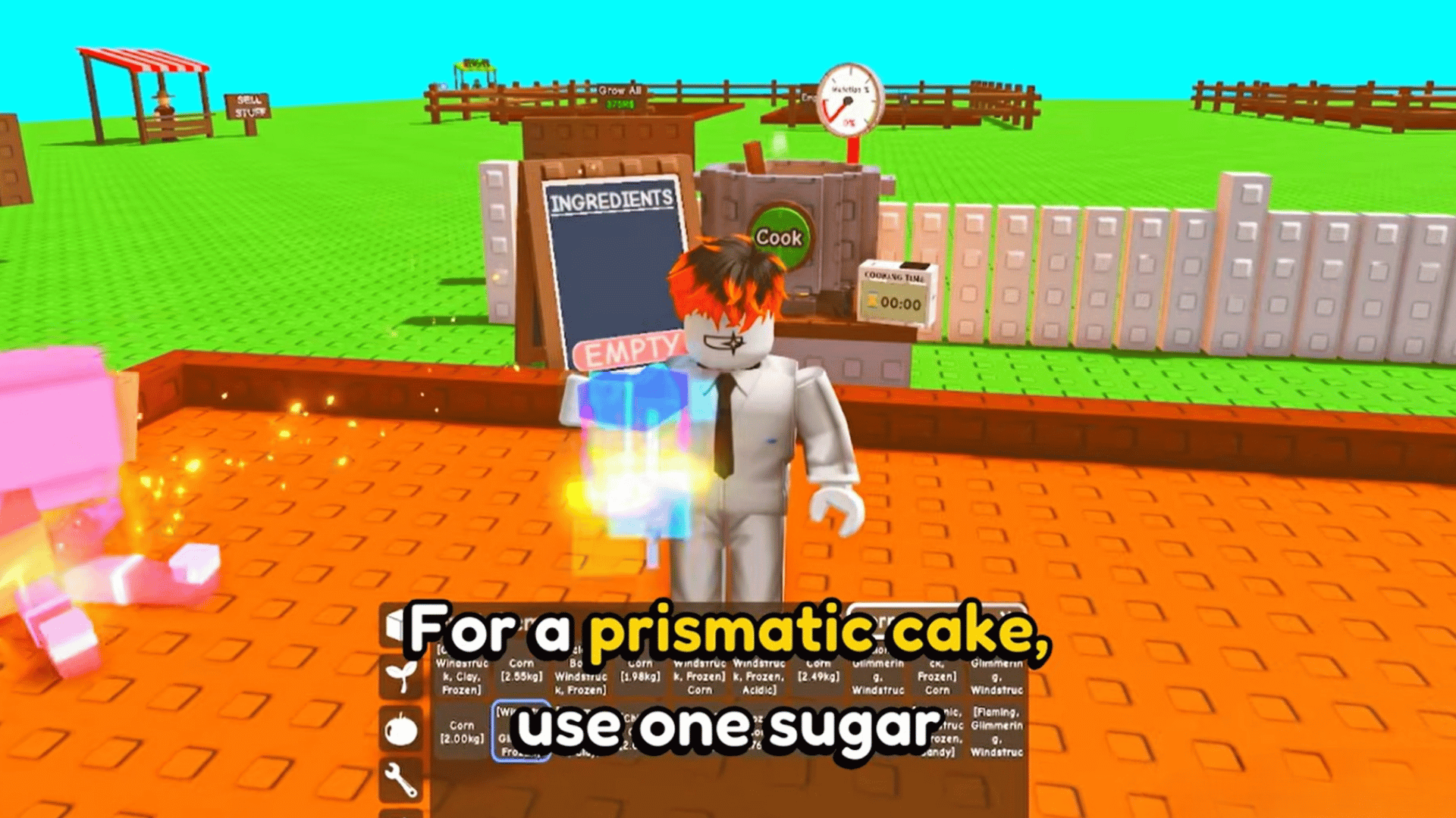 roblox player holds a sugar apple for the prismatic cake recipe in grow a garden gameplay