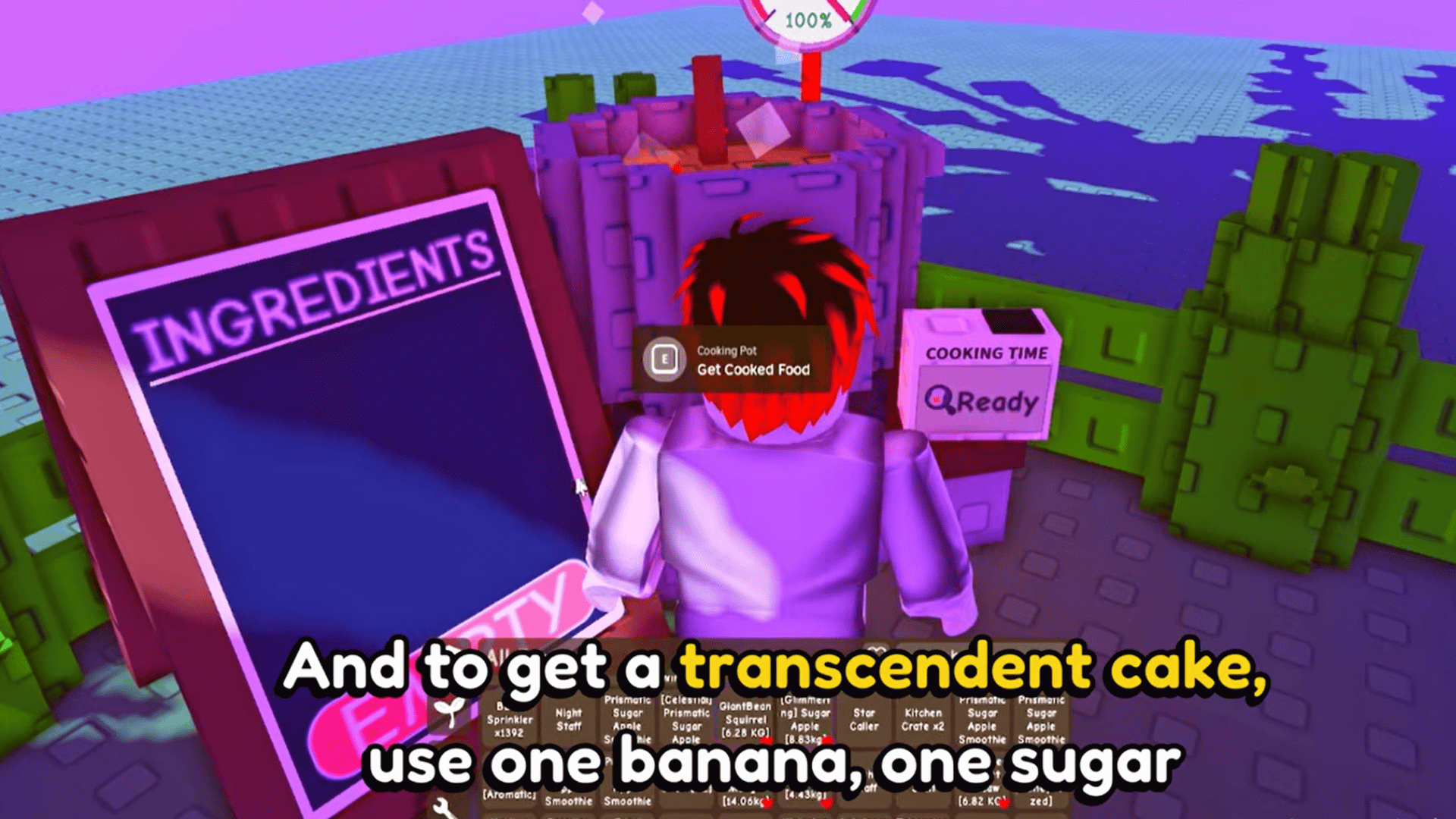 roblox player gets a transcendent cake from a ready cooking pot in grow a garden gameplay