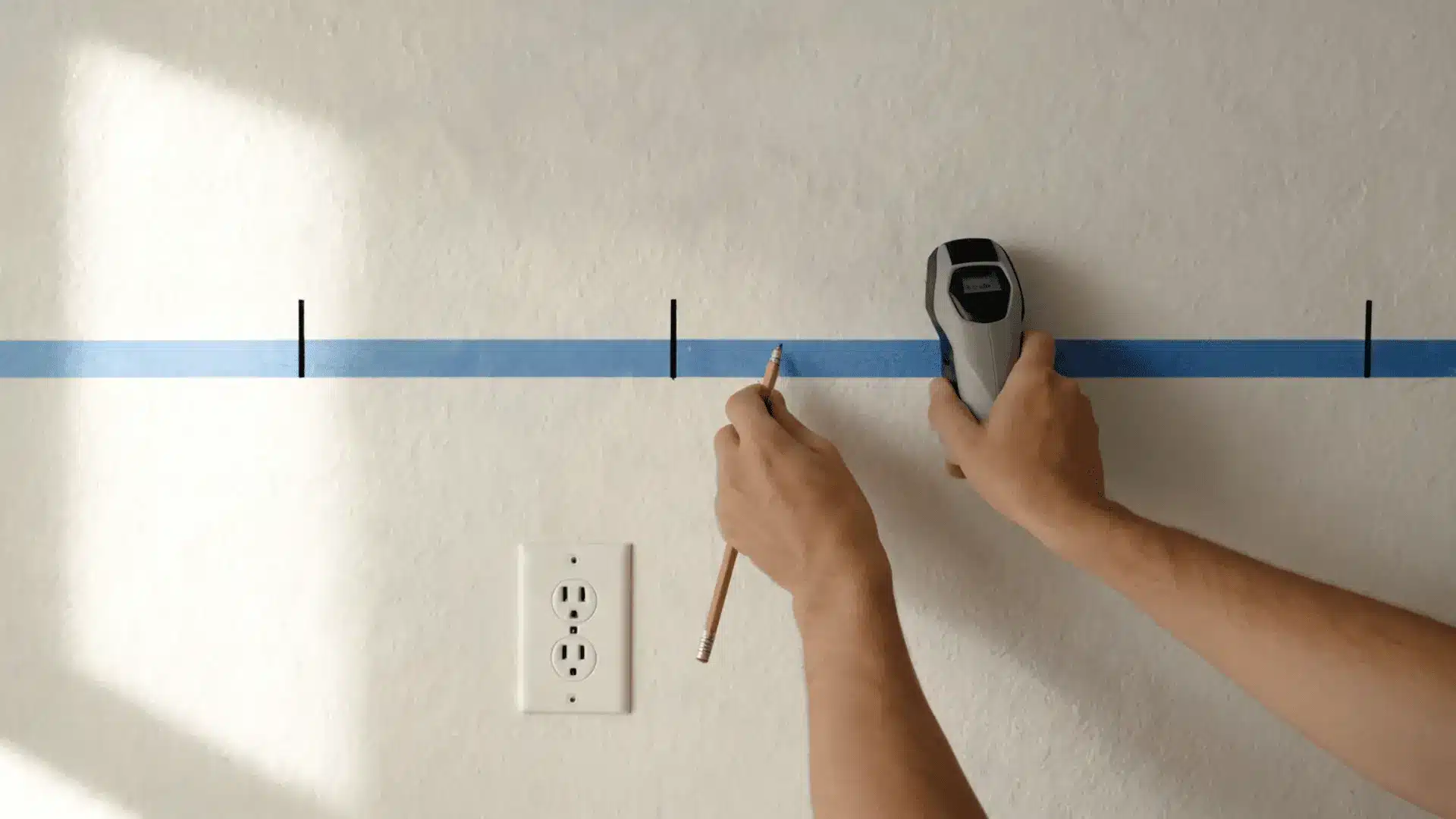 stud finder marking support points across a taped wall line