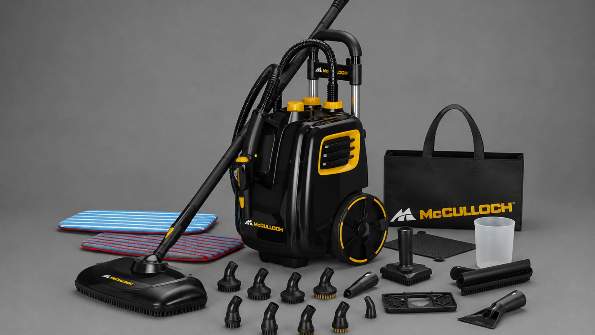 mcculloch canister steam cleaner with wheels and full accessory kit for deep floor cleaning