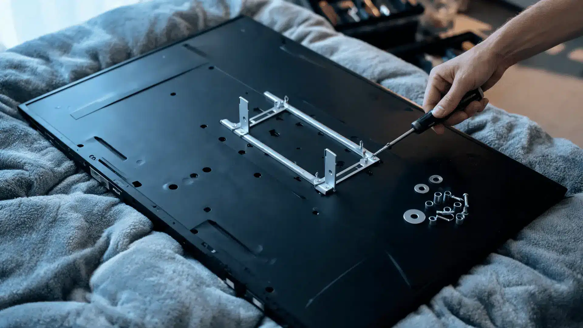 person fastening a metal bracket to the back of a television