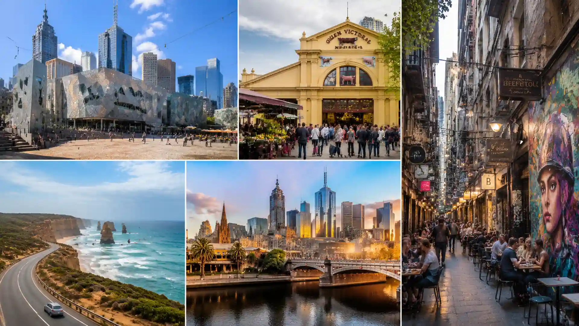 melbourne collage featuring federation square, queen victoria market, laneways and great ocean road views