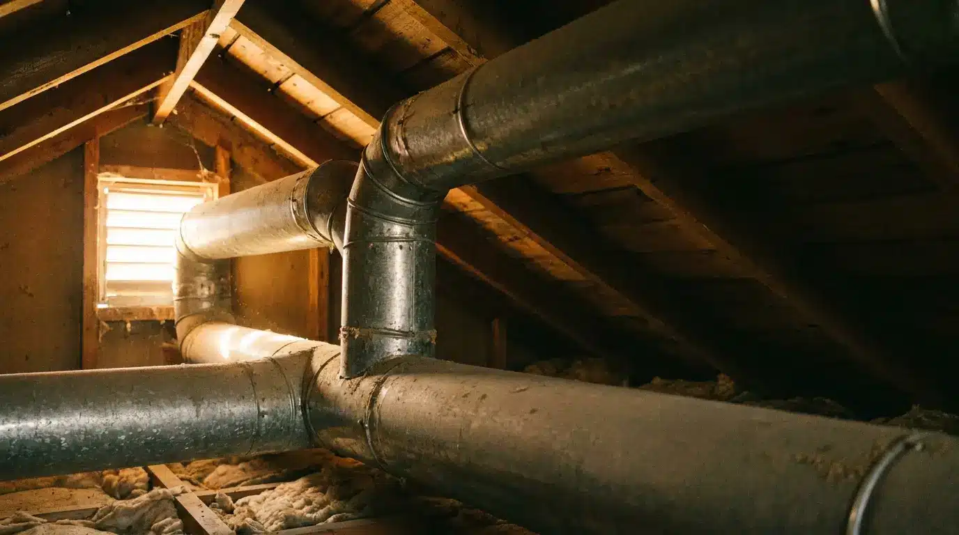 Metal air ducts in a dimly lit attic with wooden beams and insulation