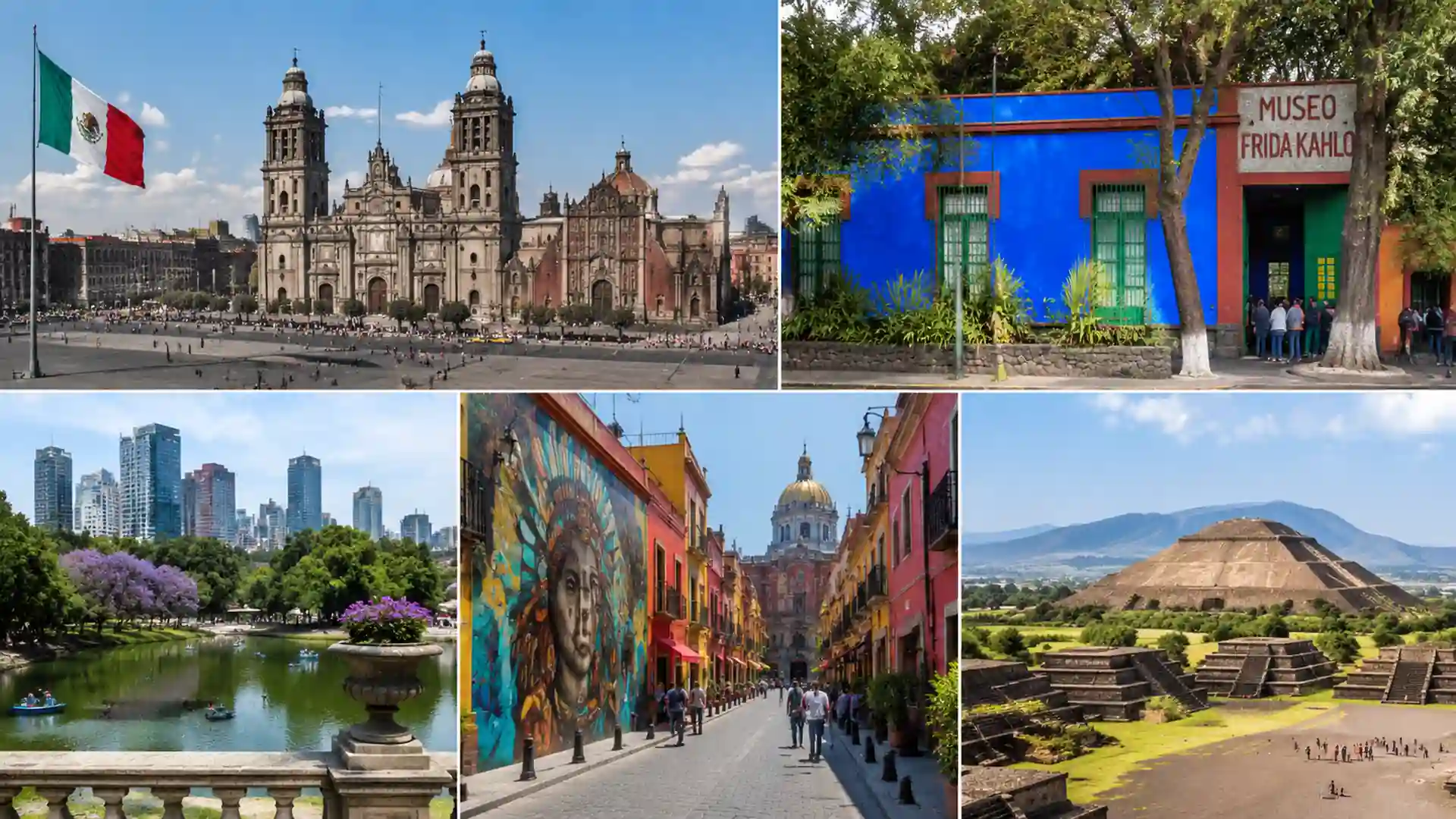 mexico city collage featuring zócalo, frida kahlo museum, chapultepec park and teotihuacán ruins views