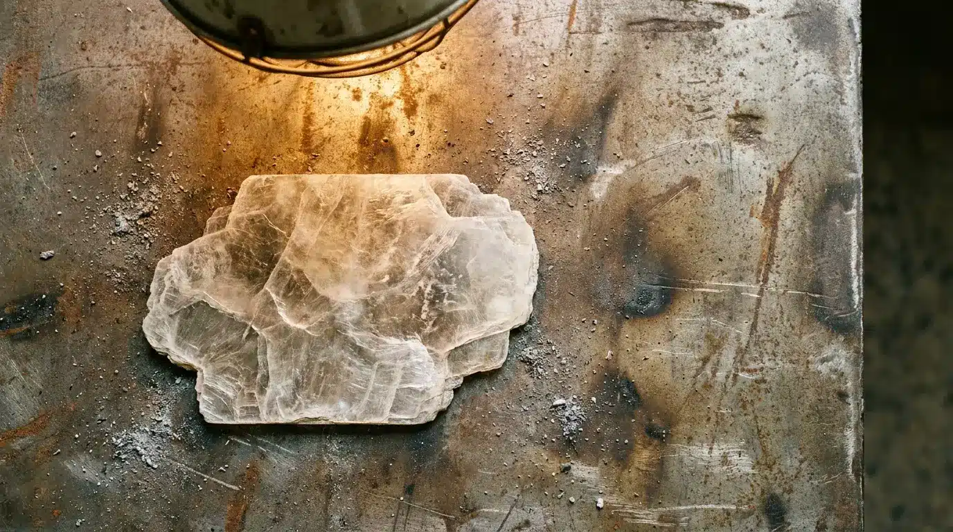 Rough crystal slab on rustic metal surface under warm overhead lighting