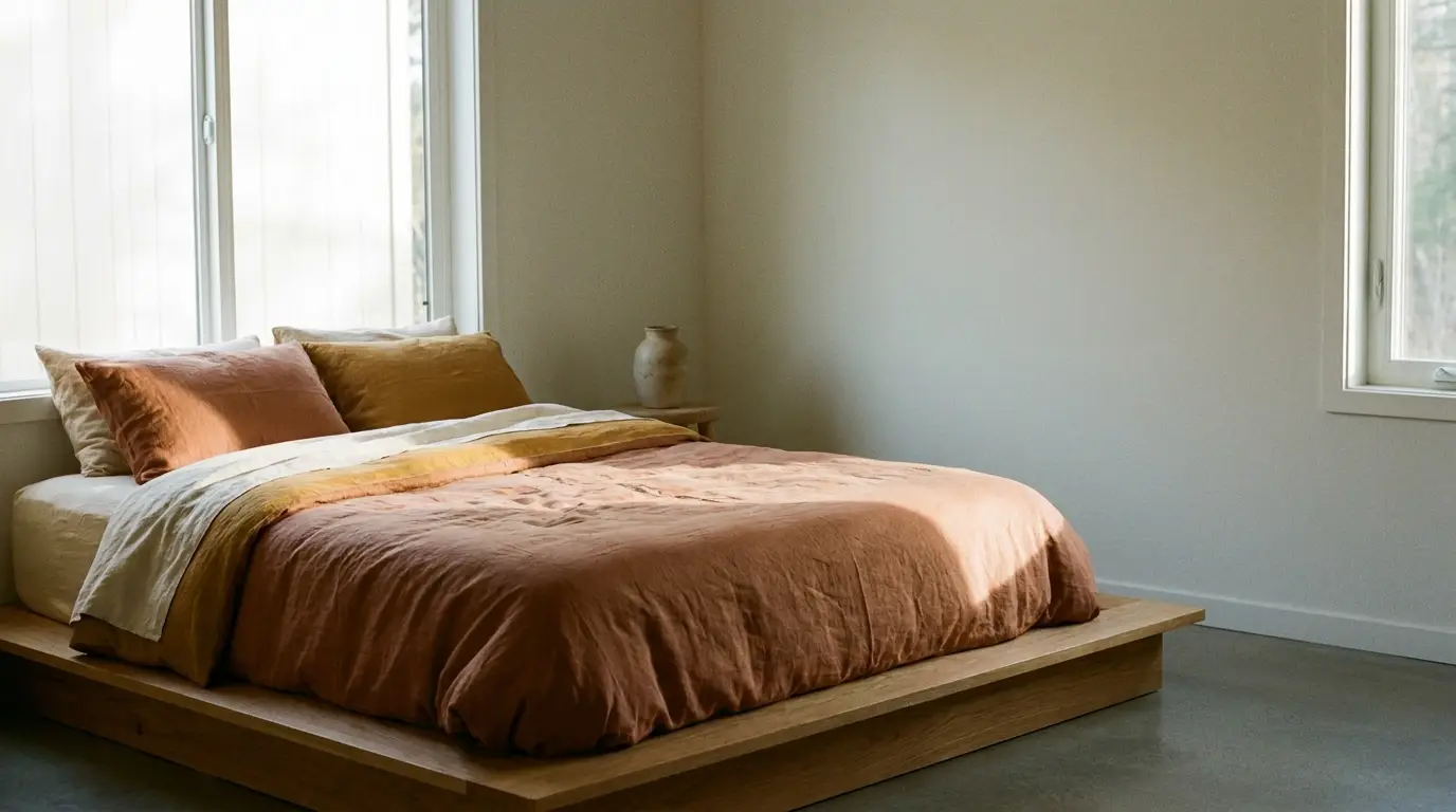 Rust-colored duvet on wooden platform bed in sunlit minimalist bedroom