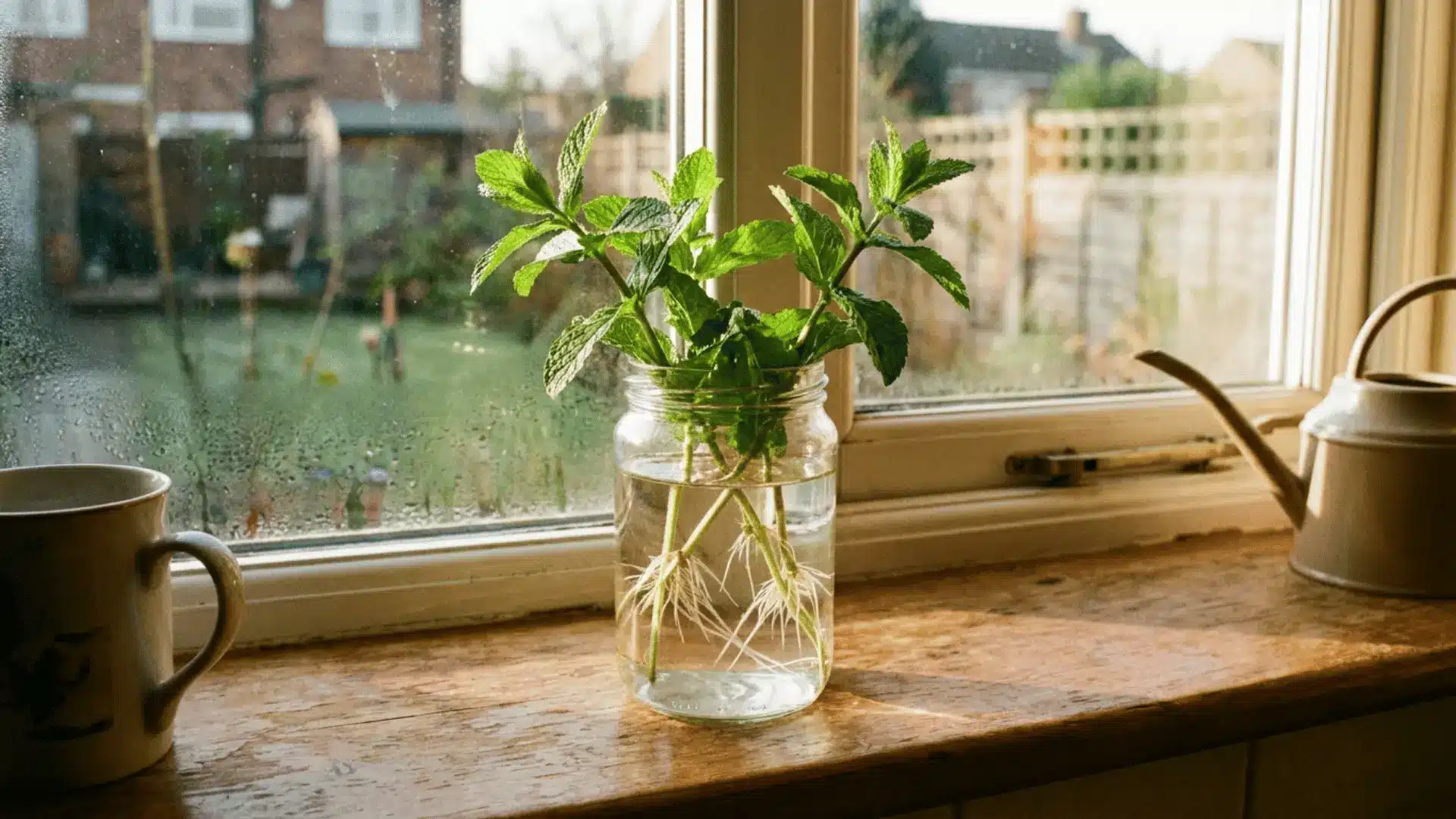 mint cuttings with white roots growing in a clear glass jar beside a mug and watering can on a sunny kitchen windowsill
