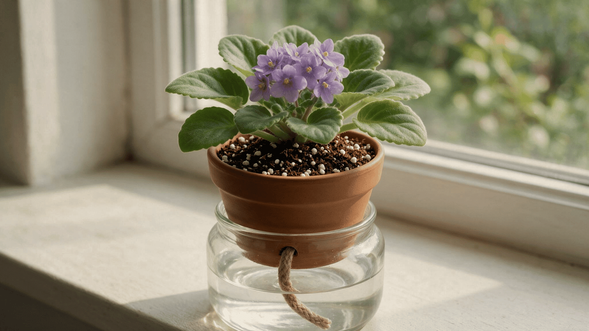 african violet in a wick watering pot with airy soil mix and visible perlite above a water reservoir