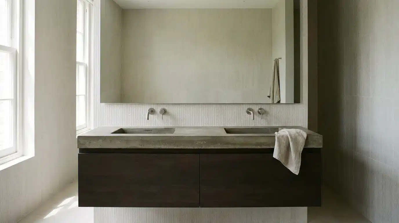 Concrete double sink with wall-mounted faucets in modern bathroom with large mirror