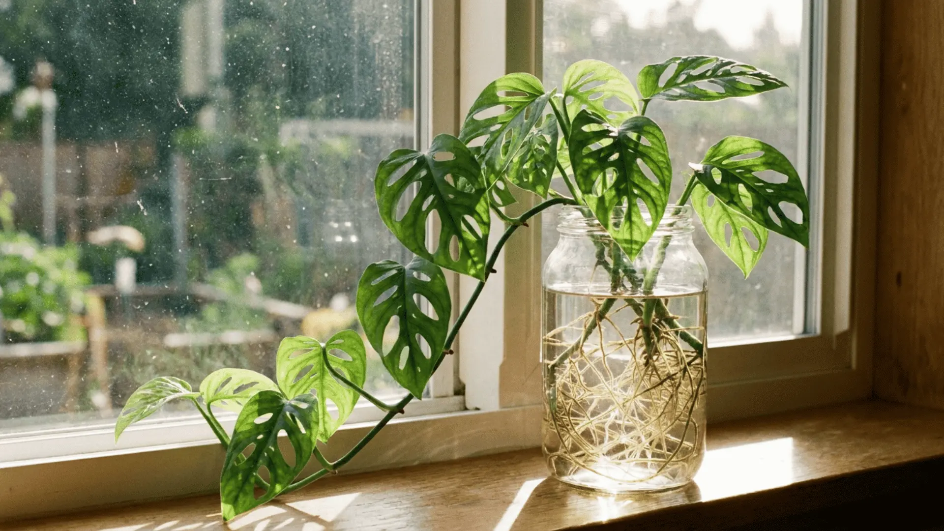 monstera adansonii cuttings with perforated green leaves and dense roots in a glass jar on a bright windowsill
