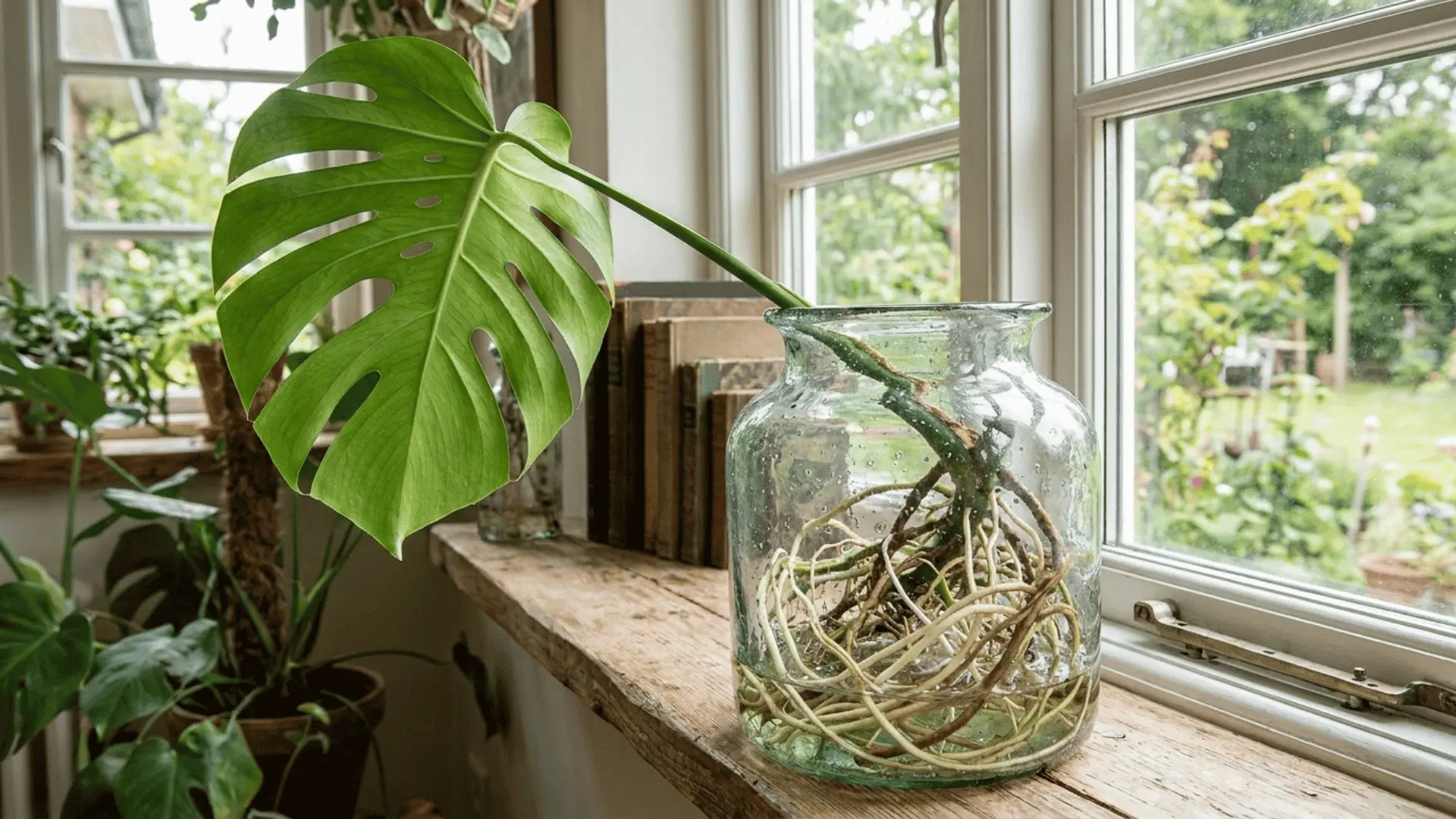single monstera leaf cutting with long tangled roots in a glass jar on a wooden windowsill beside old books