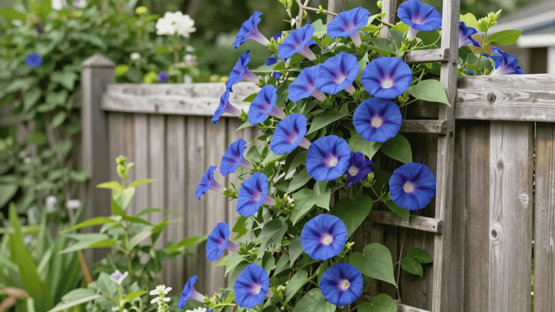 blue morning glory vines blooming across a wooden trellis beside a garden fence in summer
